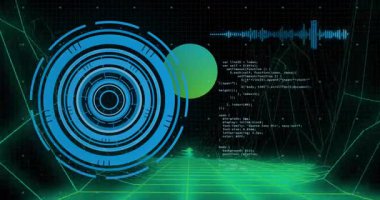 Dairesel şablonlar ve ses dalgaları ile gelecekteki dijital arayüzün animasyonu. teknoloji, yenilik, fütüristik tasarım, sanal, görselleştirme, soyut