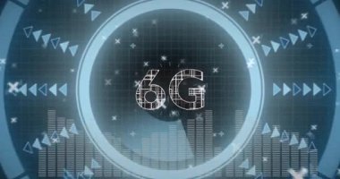Veri görselleştirme elementleriyle fütürist 6G teknolojisi arayüzü kullanarak. yenilik, dijital, ağ, iletişim, sanal, gelecek