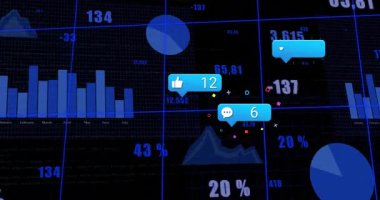 Dijital şebeke arka planında sosyal medya bildirimleri ve analizlerini gösteren animasyon. technology, network, communication, information, data, virtual