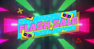 Flaş satış için canlı arka planda kaset grafikleri olan renkli bir retro animasyon. Vintage, promosyon