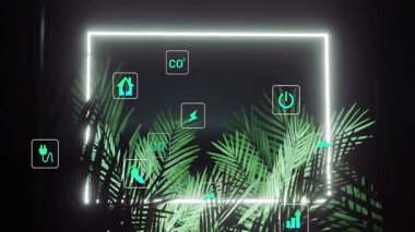 Tropikal palmiye yaprakları üzerinde yüzen neon yeşil enerji ikonlarının animasyonu. Sürdürülebilirlik, ekoloji, yeşillik, yenilenebilir, fütüristik, canlı