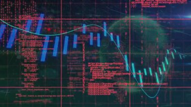 Finansal veri tabloları ve dijital şebeke animasyon arkaplanındaki kodlar örtüşüyor. Finans, ekonomi, analitik, borsa, teknoloji, fütürist