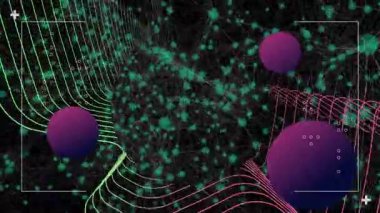 Renkli küreler ve çizgiler koyu arkaplan üzerinde dijital ağ animasyonu yaratıyor. bağlantı, veri, teknoloji, soyut, geleceksel, iletişim