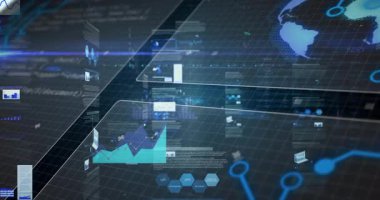 Fütürist teknoloji arayüzü üzerinde dijital grafik ve çizelgeler. Veri, analitik, yenilik, ilerleme, görselleştirme, ağ