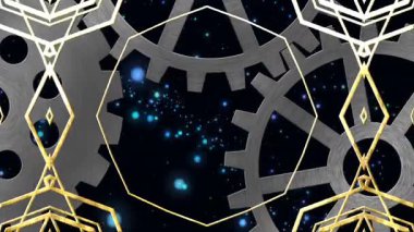 Yıldızlı gece arkaplanı üzerinde altın çerçevelerle birbirine kenetlenmiş viteslerin animasyonu. Makine, takım çalışması, mühendislik, endüstri, teknoloji, hareket