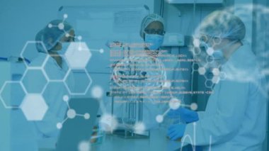 Laboratuvar önlüklü bilim adamları dijital beyin ve molekül animasyon örtüsüyle çalışıyorlar. Bilim, araştırma, laboratuvar, yenilik, teknoloji, nörobilim