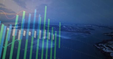 Okyanus ve kıyı şeridi üzerinde çizgi ve çizgi animasyonları gösteriyor. Veri, analitik, istatistik, teknoloji, görselleştirme, iş