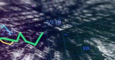 Para birimi sembolleri ve dijital şebekedeki yüzdelerle yeşil zigzag çizgisi animasyonu. Finans, ekonomi, büyüme, yatırım, ticaret, istatistik
