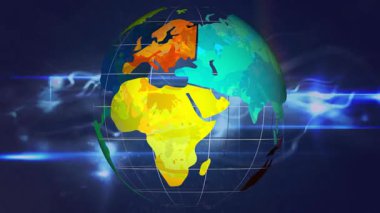 Kıtalarla dönen küre, ışık efektli dijital ağ üzerinde canlandırma. Küresel, ağ oluşturma, teknoloji, siber güvenlik, bağlantı, veri