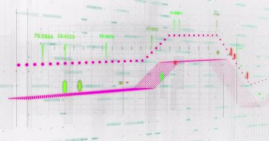 Finansal verilerin dijital şebeke arka planında grafikler ve numaralarla canlandırılması. Finans, analitik, veri görselleştirme, teknoloji, bilgi, ekonomi