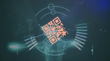 Fütürist arayüz elementleriyle parlayan QR kodunun dijital animasyonu. Teknoloji, yenilik, hologram, sanal, veri, ağ