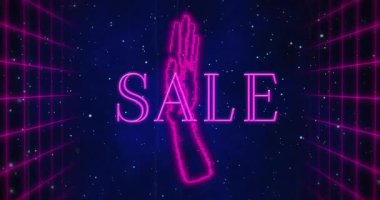 Yıldızlı gece arkaplanının üzerinde el grafiği olan neon pembe satışı metninin animasyonu. Terfi, pazarlama, reklam, indirim, perakende, alışveriş