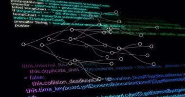 Koyu arkaplanda renkli programlama kodlarını içeren akış şeması animasyonu. Kodlama, yazılım, teknoloji, dijital, konsept, sanal