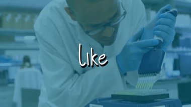 Laboratuvarda pipetini kullanan bilim adamı animasyonda metni üst üste koyuyor. Laboratuvar, deney, biyoteknoloji, kimya, pipetleme, analiz