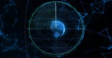 Küresel ızgara oluşturan ağ bağlantıları olan dijital dünyanın animasyonu. Küreselleşme, bağlantı, teknoloji, siber uzay, internet, iletişim