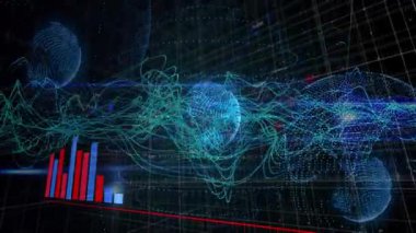 Okulda küresel ağ verileri için çubuk grafikleri ve dijital dalga formlarını gösteren animasyon. Analizler, teknoloji, veri görselleştirme, eğitim, İnternet, istatistik