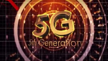 Dijital dünya haritası üzerinde aşağı doğru kırmızı oklu 5G metnin animasyonu. Telekomünikasyon, teknoloji, bağlantı, ağ, küresel, düşüş