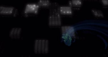 Dijital veri ve soyut koyu arkaplan üzerinde ikili kod animasyonu. Teknoloji, matris, siber güvenlik, fütürist