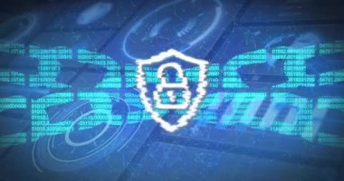 İkili kod üzerinde dijital güvenlik kalkanı simgesi ve ağ bağlantıları animasyonu. Siber güvenlik, şifreleme, veri koruması, güvenlik duvarı, ağ güvenliği, sanal