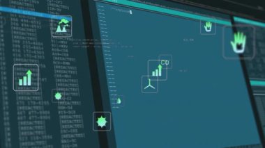 Bilgisayar ekranında programlama kodunun animasyonu ve sayısal veri analizi. Teknoloji, kodlama, yazılım, geliştirme, hesaplama, ağ