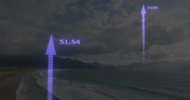 Yükselen ok ve sayılar bulutlu gökyüzü ile kıyı manzarası üzerinde animasyon. Büyüme, başarı, analiz, tahmin, veri, finans