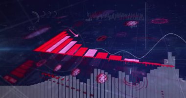 Dijital veri arka planında virüs simgeleri olan kırmızı ve beyaz çubuk grafiklerinin animasyonu. İstatistik, analitik, salgın, ekonomi, bilgi, görselleştirme