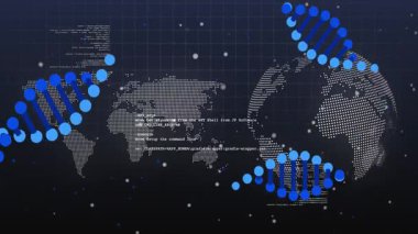 DNA dizisi ve ikili kodlama, dünya haritası üzerinde bilimsel veri işleme animasyonu. Biyoteknoloji, genetik, biyoenformatik, veri analizi, küresel, teknoloji