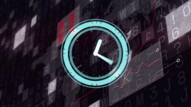 Sayılar ve harflerle dijital veriler ve grafikler üzerinde saat animasyonu. Teknoloji, yenilik, analitik, finans, iş dünyası, fütüristik