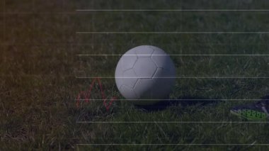 Çimenli alanda futbol topunu tekmelemek, finansal grafik örtüşmesinin animasyonu. Spor, analiz, yatırım, strateji, büyüme, dinamik