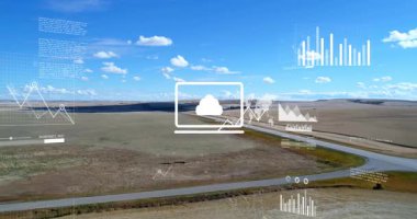 Veri görselleştirme grafikleri animasyonda manzaranın havadan görünüşünü örtüyor. dijital, 3D, analiz, teknoloji, tasarım