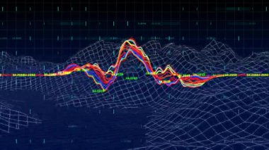 3D şebeke üzerindeki renkli finansal grafiklerin ve veri çizgilerinin animasyonu. Finans, analitik, borsa, yatırım, dijital, teknoloji