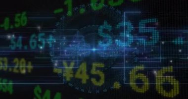 Okuldaki gelecekteki finansal teknoloji arayüzünü kaplayan dijital verilerin animasyonu. Fintech, inovasyon, finans