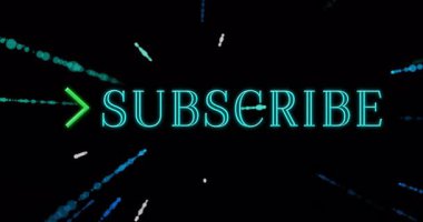 Siyah arkaplanda mavi ışık çizgileri olan abone metninin canlandırması. Eyleme çağrı, dijital pazarlama, hareket, parıltı, görsel etki, dinamik