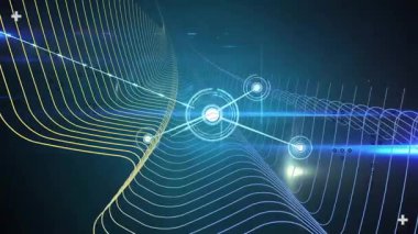 Animasyonda fütüristik ağ deseni, dijital çizgiler ve parlayan düğümler oluşturuyorlar. Teknoloji, yenilik, bağlantı, soyut, siber, sanal