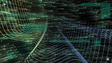 Yeşil zemin üzerinde dinamik dalgaların ve çizgilerin dijital animasyonu. Özet, hareket, teknoloji, fütüristik, grafikler, dijital sanat