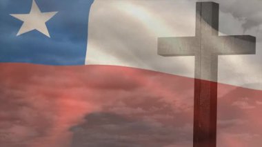 Animasyon sahnesinde bulutlu gökyüzünün altında Şili bayrağı sallıyor. Vatanseverlik, hava, din, bulutlar, amblem, miras