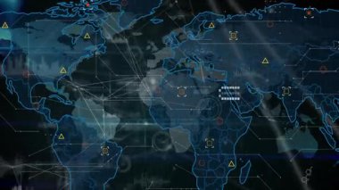 Veri noktaları ve ağ bağlantılarıyla dijital dünya haritasını gösteren animasyon. Küresel, teknoloji, internet, iletişim, fütüristik, görselleştirme
