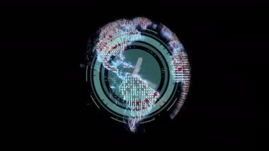 Dijital elementler koyu arkaplanda fütüristik saat animasyonu yaratıyor. Teknoloji, soyut, zaman, yenilik