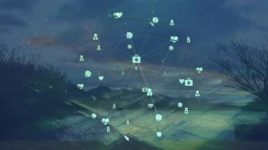 Huzurlu dağ manzarasına bağlanan sosyal medya simgelerinin canlandırılması. ağ, iletişim, dijital, manzara, doğa