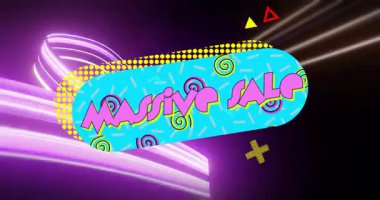 Renkli geometrik şekilli ve neon ışıklı animasyonlu büyük indirimli metin. İndirim, promosyon, perakende, alışveriş, canlı, parlak