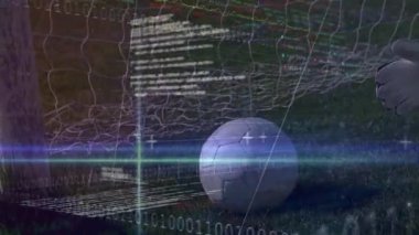 Saha ve dijital grafikler üzerinde veri işleme animasyonu yapan futbolcu. Sporcu, teknoloji, analitik, spor, yenilik, görselleştirme