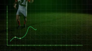 Futbol topunu tekmelemek, sahada dalgalanan veri grafiği animasyonu olan oyuncu. analitik, spor, performans, teknoloji, istatistik