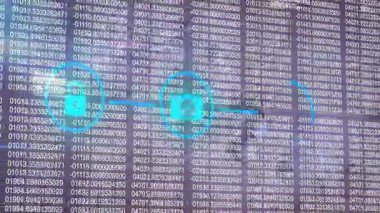 Okuldaki sayısal verilerle ekranı kaplayan dijital güvenlik simgelerinin animasyonu. Siber güvenlik, teknoloji, şifreleme, veri koruması, kodlama, eğitim