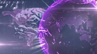 Dijital beynin animasyonu ve teknoloji temalı ikili kodlu parıldayan dünya. Yapay zeka, yenilik, sanal, siber alan, veri, fütürist