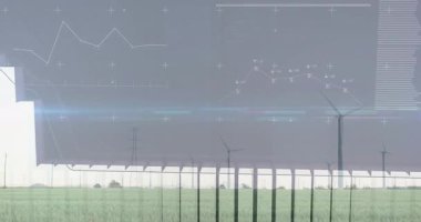 Veri görselleştirme ve grafikler, alandaki rüzgar türbinlerinin üzerini örtüyor. Yenilenebilir, enerji, sürdürülebilirlik, analiz, yeşil, güç