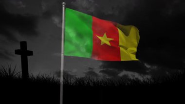 Arka planda çapraz silueti olan bulutlu gökyüzüne Kamerun bayrağı sallamak. Ulusal gurur, vatanseverlik, Afrikalı, dini, sembolizm, inanç