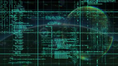 Dijital küre ve veri işleme animasyonu kodlama elemanları ile ızgara üzerinde. Teknoloji, bilgisayar, yenilik, analitik