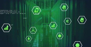 Dijital geri dönüşüm ve çevresel semboller üzerinden yeşil veri işleme animasyonu. Sürdürülebilirlik, çevre dostu, teknoloji, yenilenebilir, koruma, yenilik