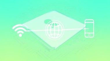 Yeşil arka planda dijital güvenlik, akıllı telefon ve Wi-Fi animasyonları. Teknoloji, siber güvenlik, bağlantı, iletişim, yenilik, şifreleme