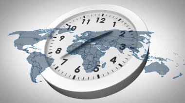 Küresel zaman dilimlerini gösteren dünya haritalı saat yüzünün animasyonu. Coğrafya, uluslararası, zaman dilimi